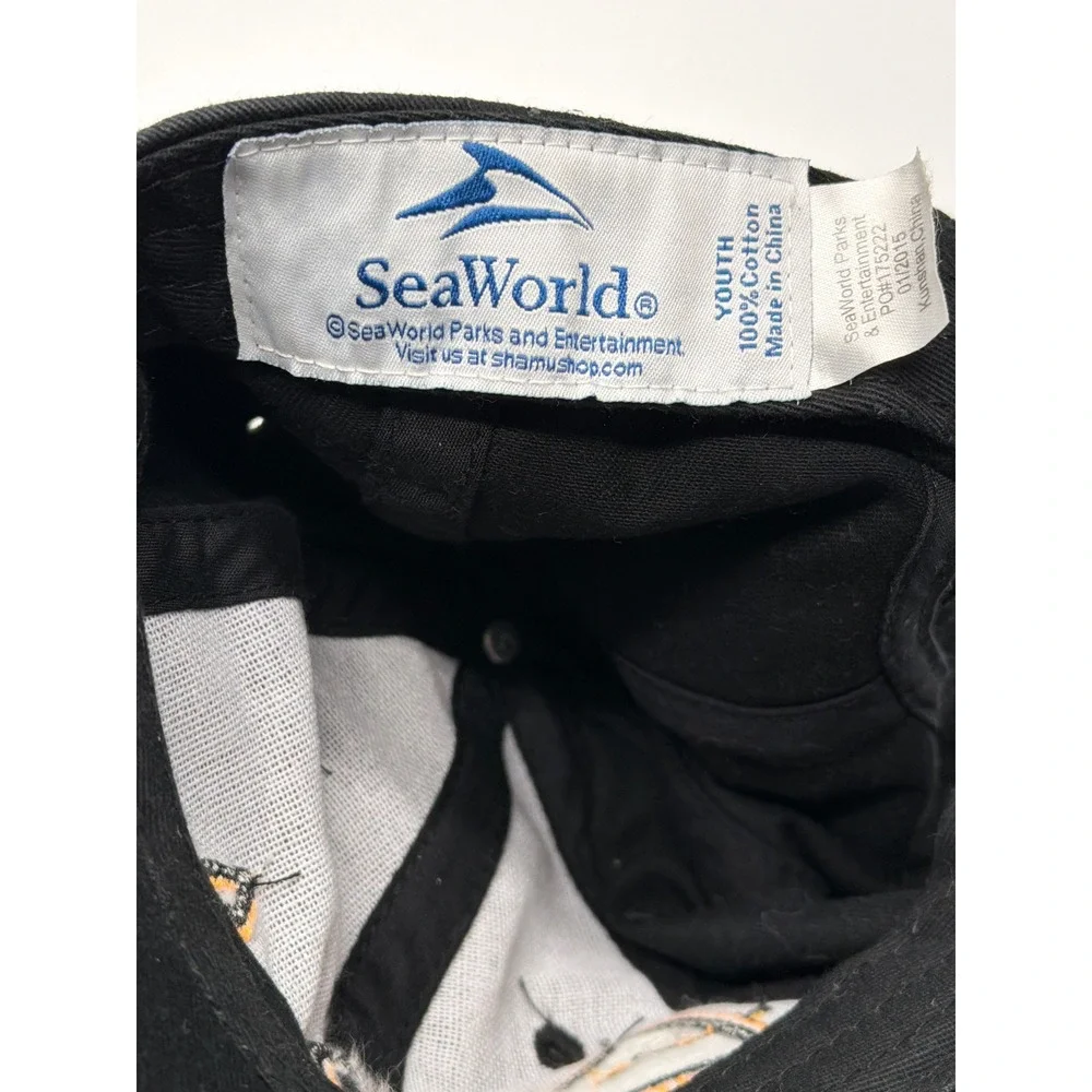 SeaWorld Shark Baseball Cap Black Orange Embroidered Youth Hat Adjustable Strap‎